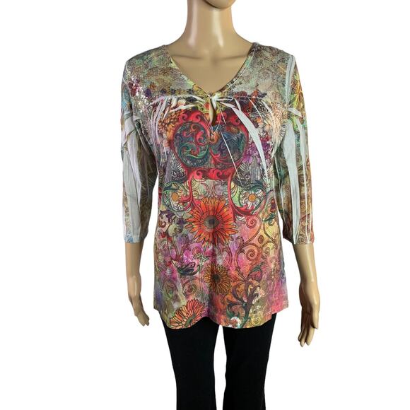 Susan Lawrence Women's Size Small Top Sequin Details Colorful 1/4 sleeve USA - Picture 1 of 12